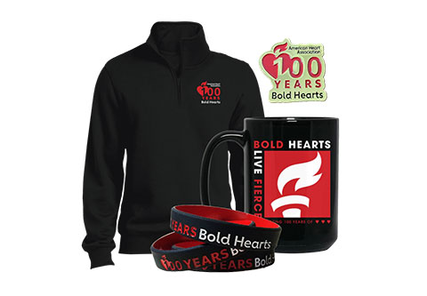 collage image with American Heart association merchandise. black quarter zip fleece, gold100 years bold hearts pin, black coffee mug, rubber black and red bold hearts bracelet.