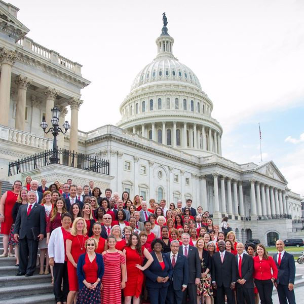 Diverse and well-dressed crowd in front of U.S. Capitol building