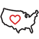 Black and red line art depicting the border of the contiguous United States with a red heart inside it